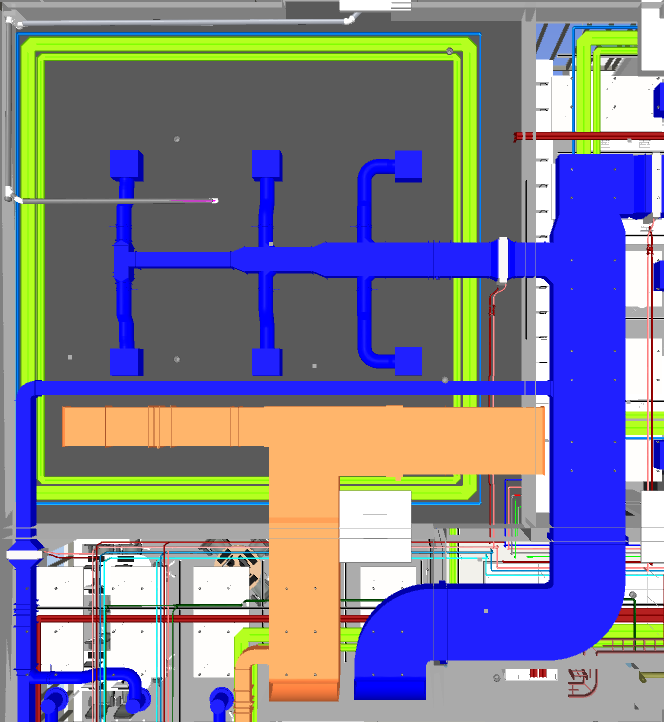 Commercial building floor plan after MEP BIM coordination — fully resolved clash-free Revit coordination output